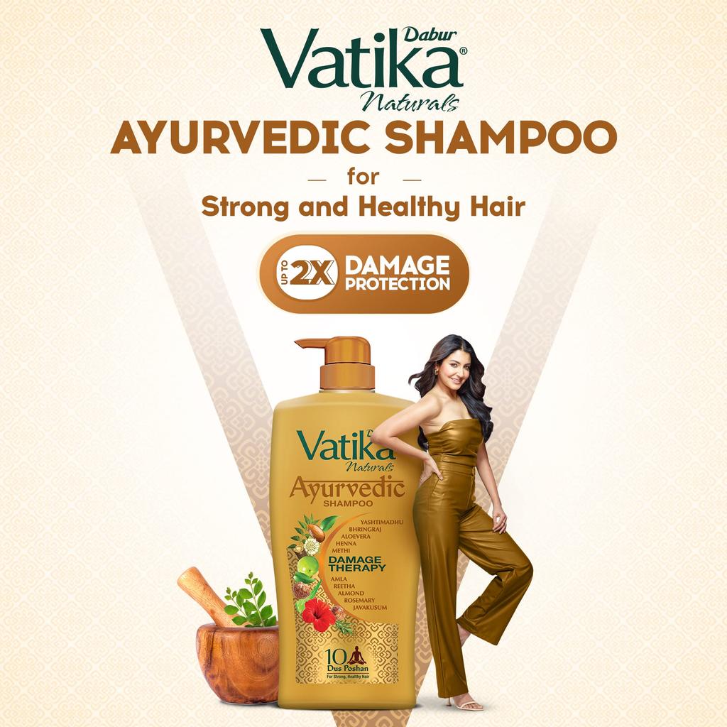 Dabur Vatika Ayurvedic Shampoo - 340 Ml | Damage Therapy | With Power of 10 Ingredients for Solving 10 Hair Problems | No Parabens | For All Hair T