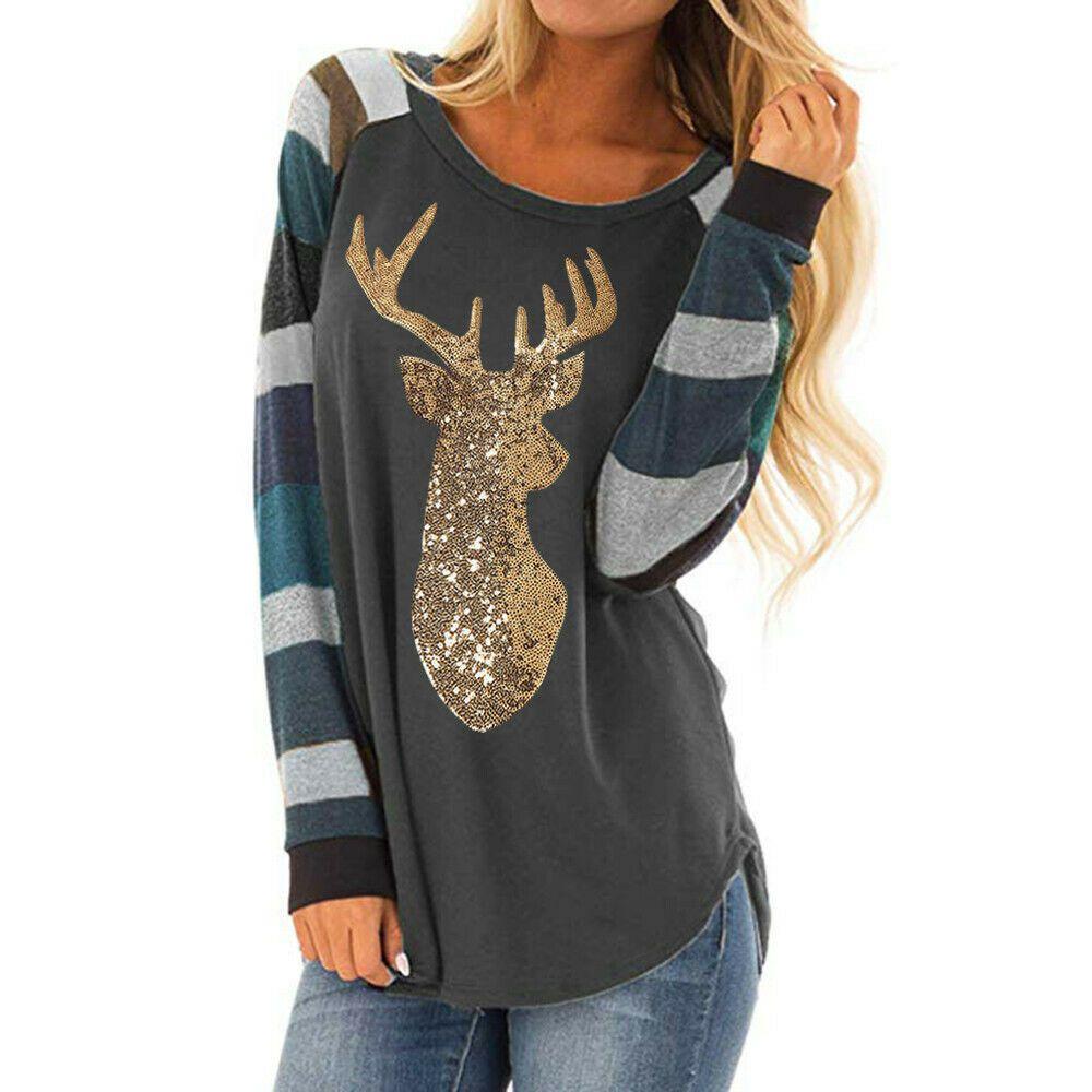 Festive Womens Christmas Tops With Sparkling Sequin Reindeer Long Sleeve Design