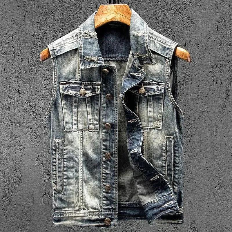Herren Frühling und Herbst Motorrad Retro Weste Motorrad Fahren Denim Jacke