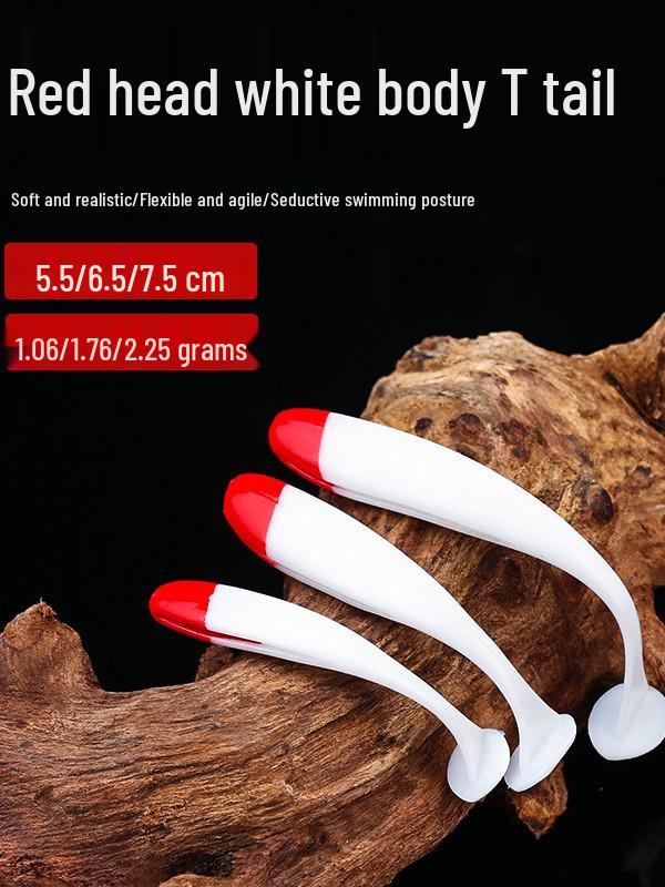 Red Head White Body T-Tail Soft Lure, Ultra-Soft Bait, Available in Small and Large Sizes.