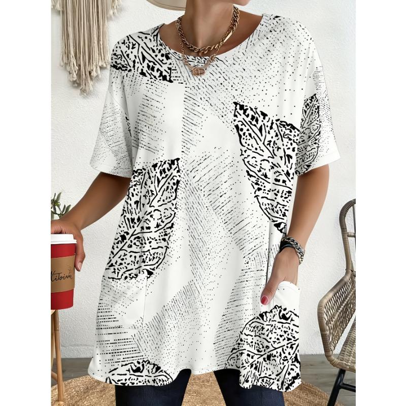 Women s plus size oversized T-shirt with abstract leaf print pockets S