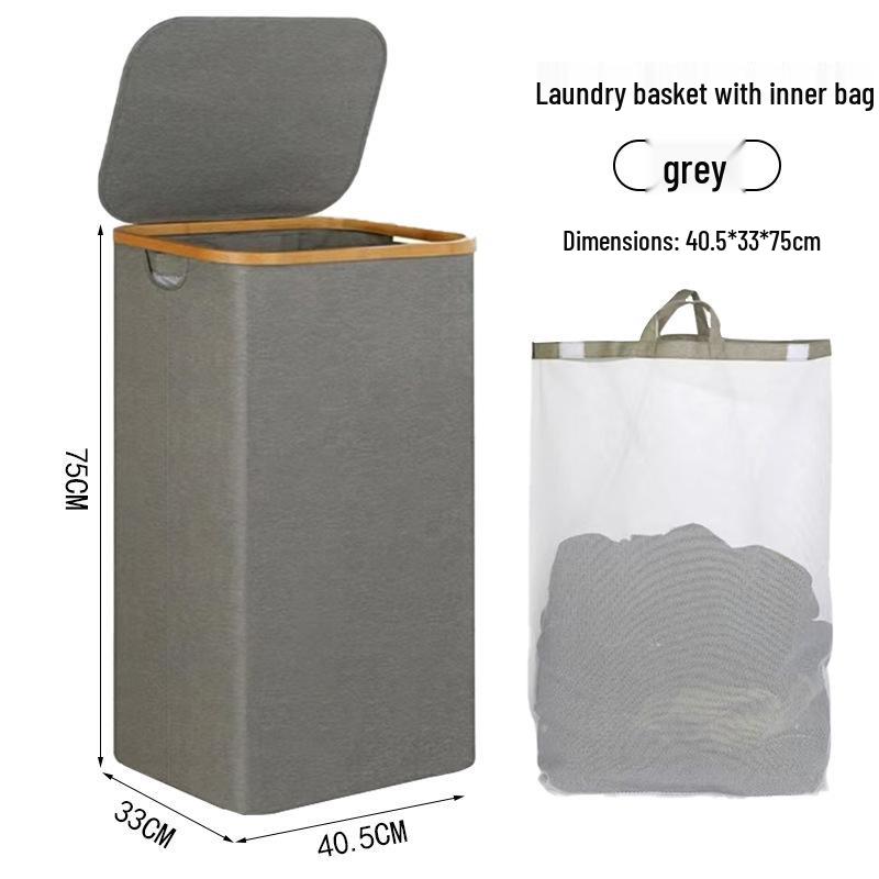Foldable Bamboo Laundry Hamper with Lid - Oxford Cloth Dustproof Storage Basket