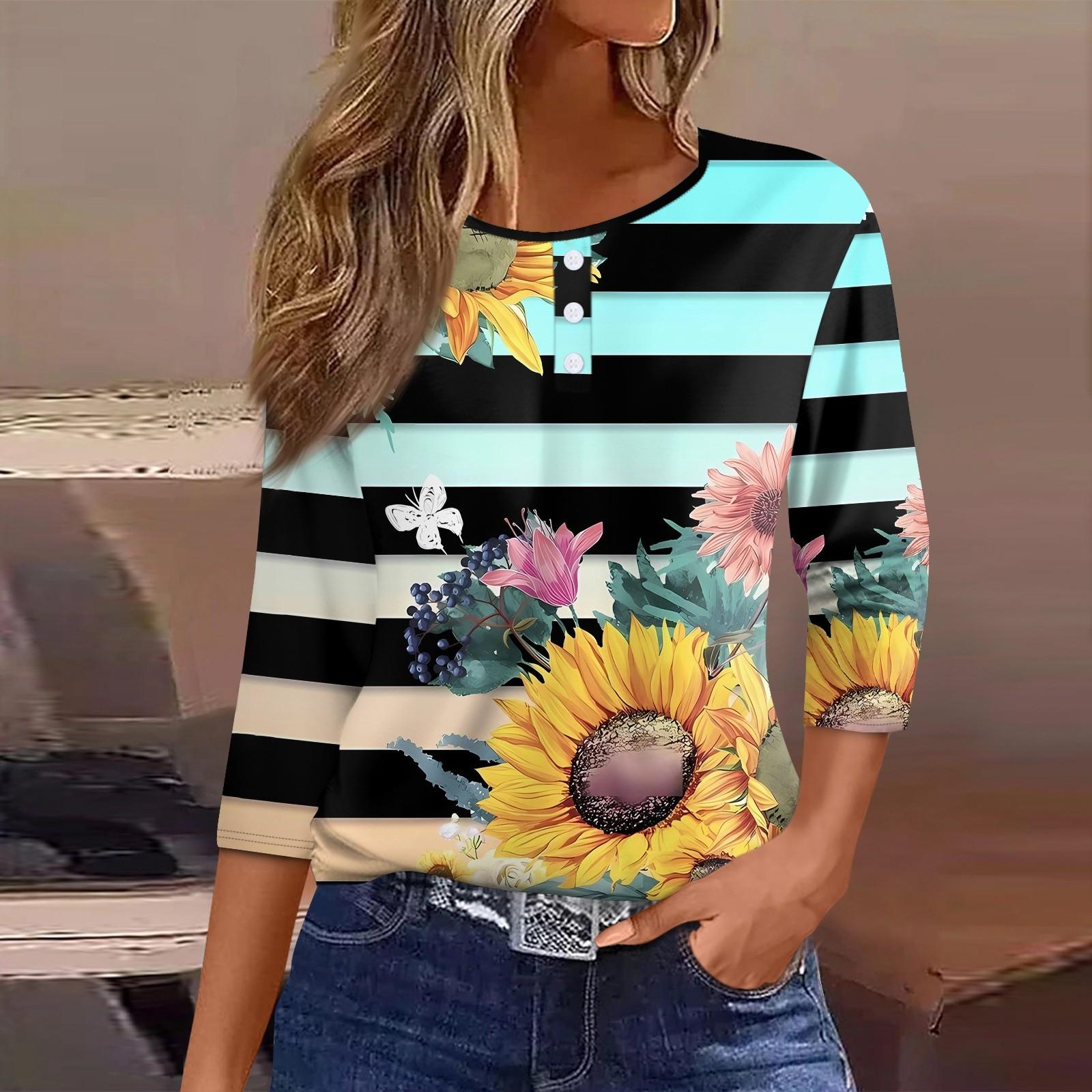 

Жен. Футболка Футболка с принтом Пуговицы Рукав 3/4 Повседневные Выходные Мода Классический Круглый вырез Обычный Топ XXL