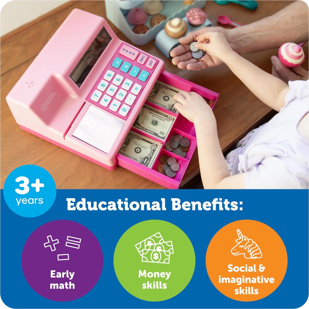 Learning Resources Toy Cash with US Authentic Register, Pink, Dollars, LER2629P,