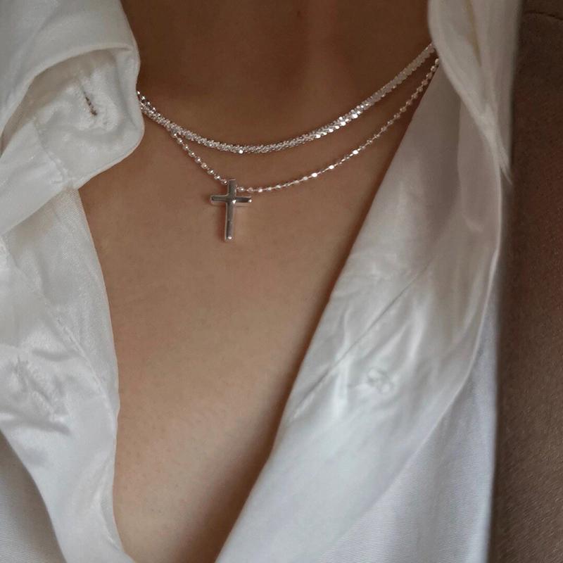 Trend Sweet And Cool Artificial Diamond Cross Pendant Pearl Personality Cool Wild Collarbone Chain Necklace Gift