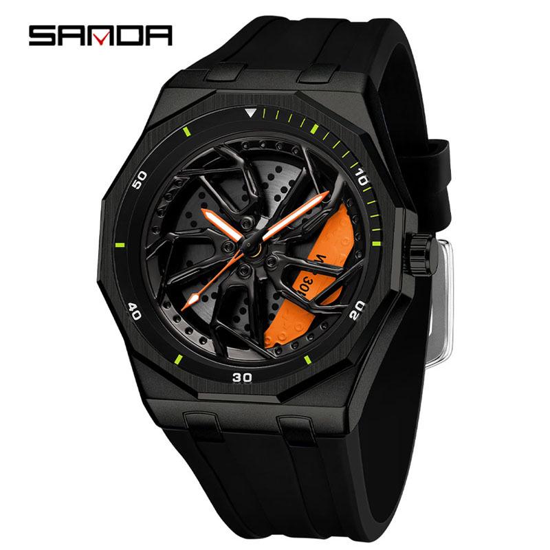 SANDA Men's Waterproof Luminous Polygonal Quartz Watch with 3D Rotating Dial and Silicone Band