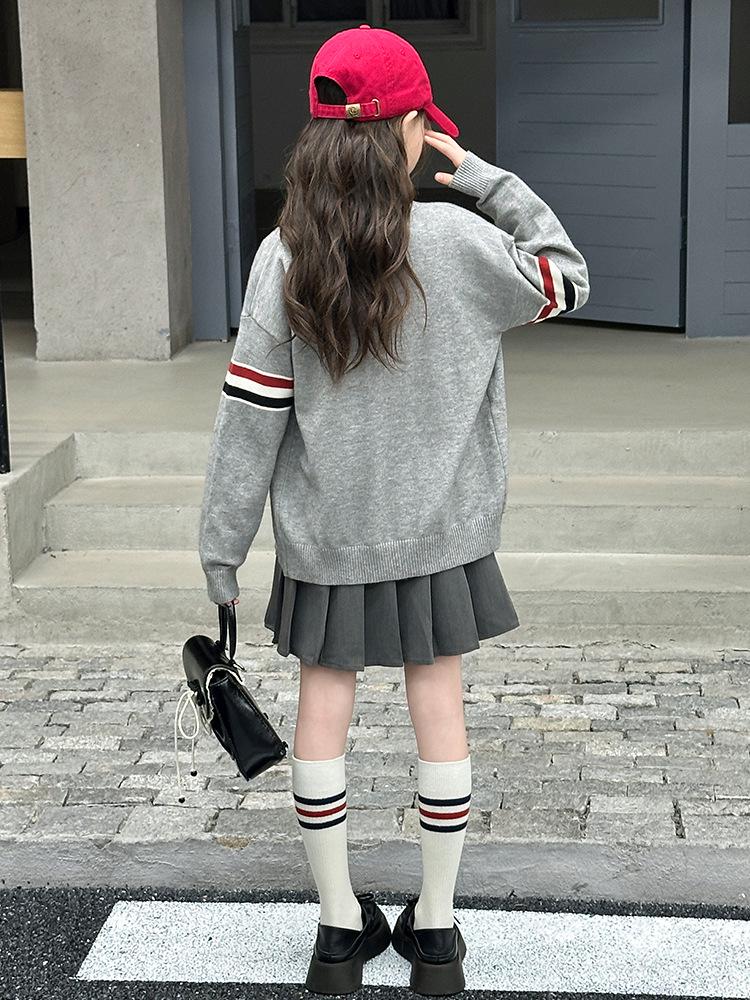 Girls' Autumn Preppy JK Shirt, Pleated Skirt, and Cardigan Set