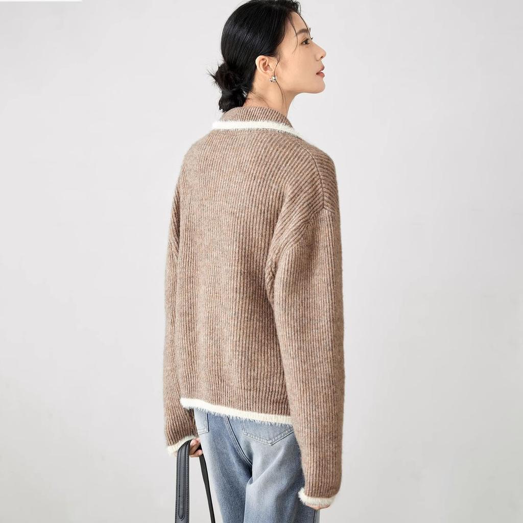 Turn Down Collar Contrast Sweater Jacket Pocket Knitted Zip-Up Cardigan