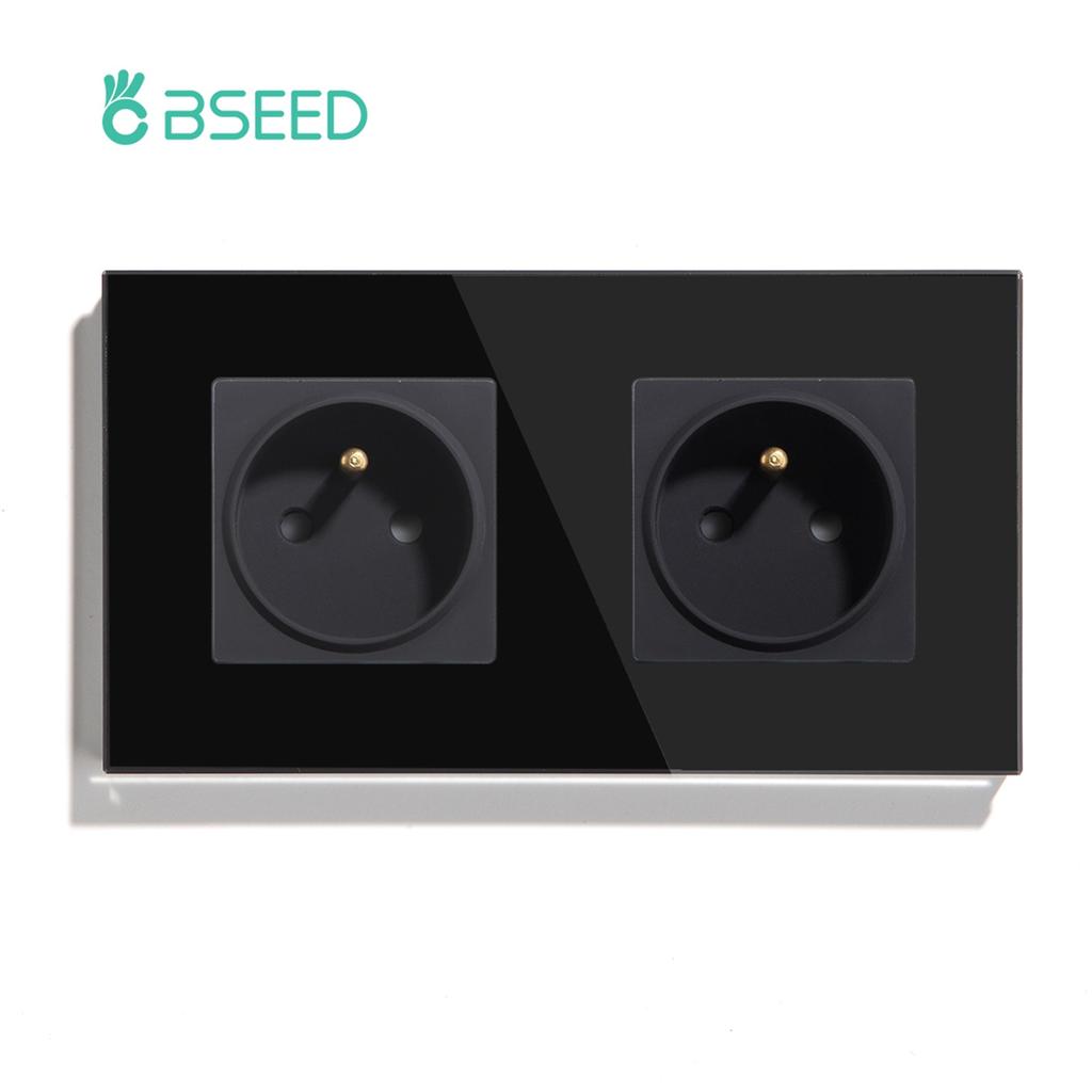 BSEED France Standard Single Wall French Socket Double Power Plug With White Black Gloden Crystal Glass Panel 16A 110V-250V