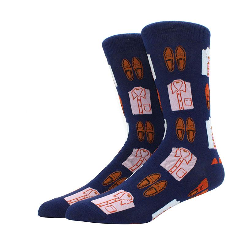 Roliga glada herrstrumpor med grafisk design, kammad bomull, omelett, groda, galen klocka, lax, majs, fågel, fisk, strumpa, julklapp