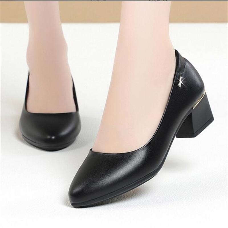 

Women Stylish Round Toe Genuine Leather Square Heel Pumps Lady Casual Black Comfort Career Office Heel Shoes 42