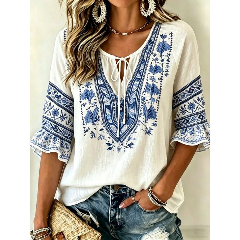 Damen Weiße Geblümte & Paisley Print Krawattenhals Bluse, Lässige Lockere Tops für Frühling Sommer Tägliches Tragen & Urlaubsanlässe