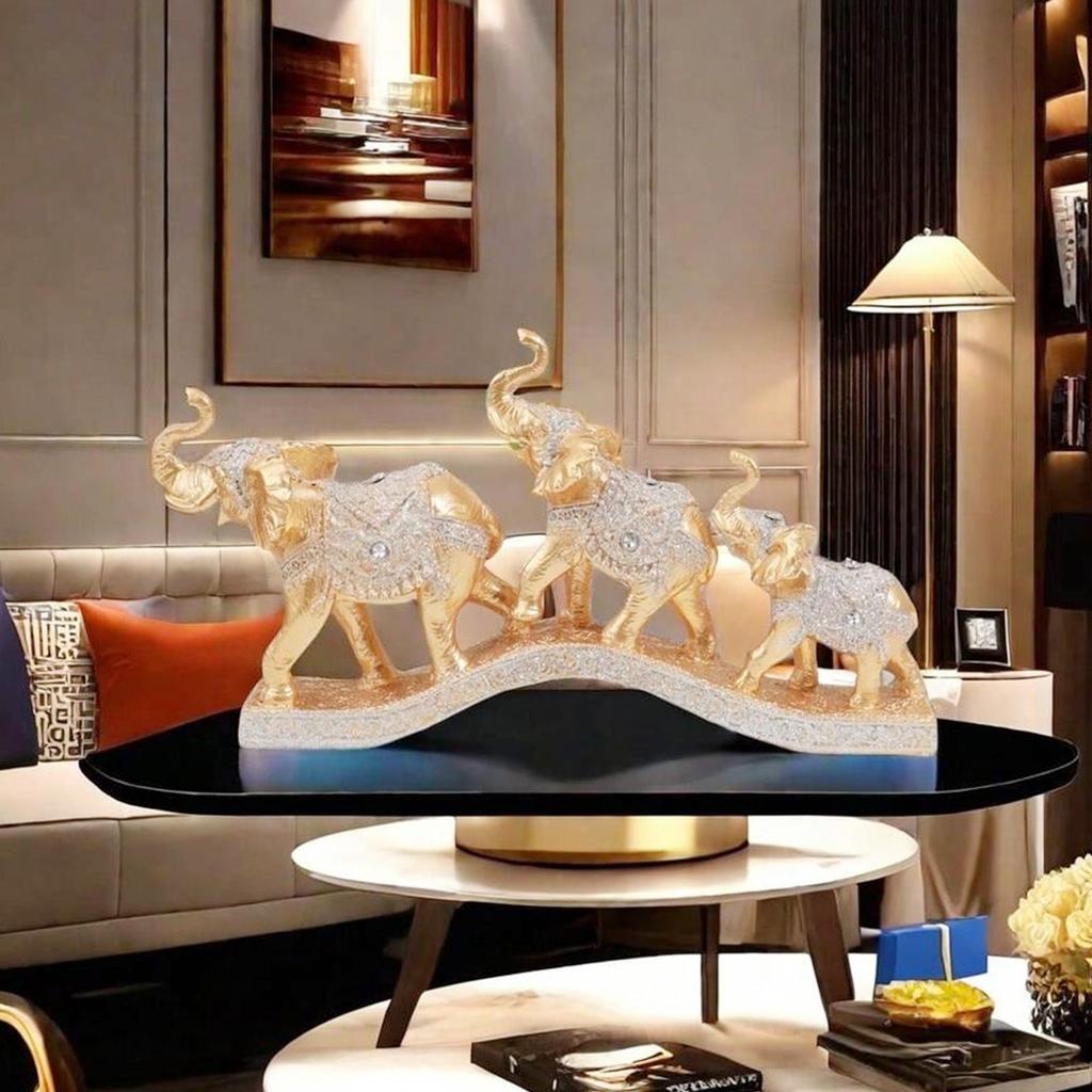1Pc Resin Feng Shui Golden Three Elephant Decorative Ornaments, Elephant Collection Statues, Suitable for Home, Desktop Decoration Ornaments