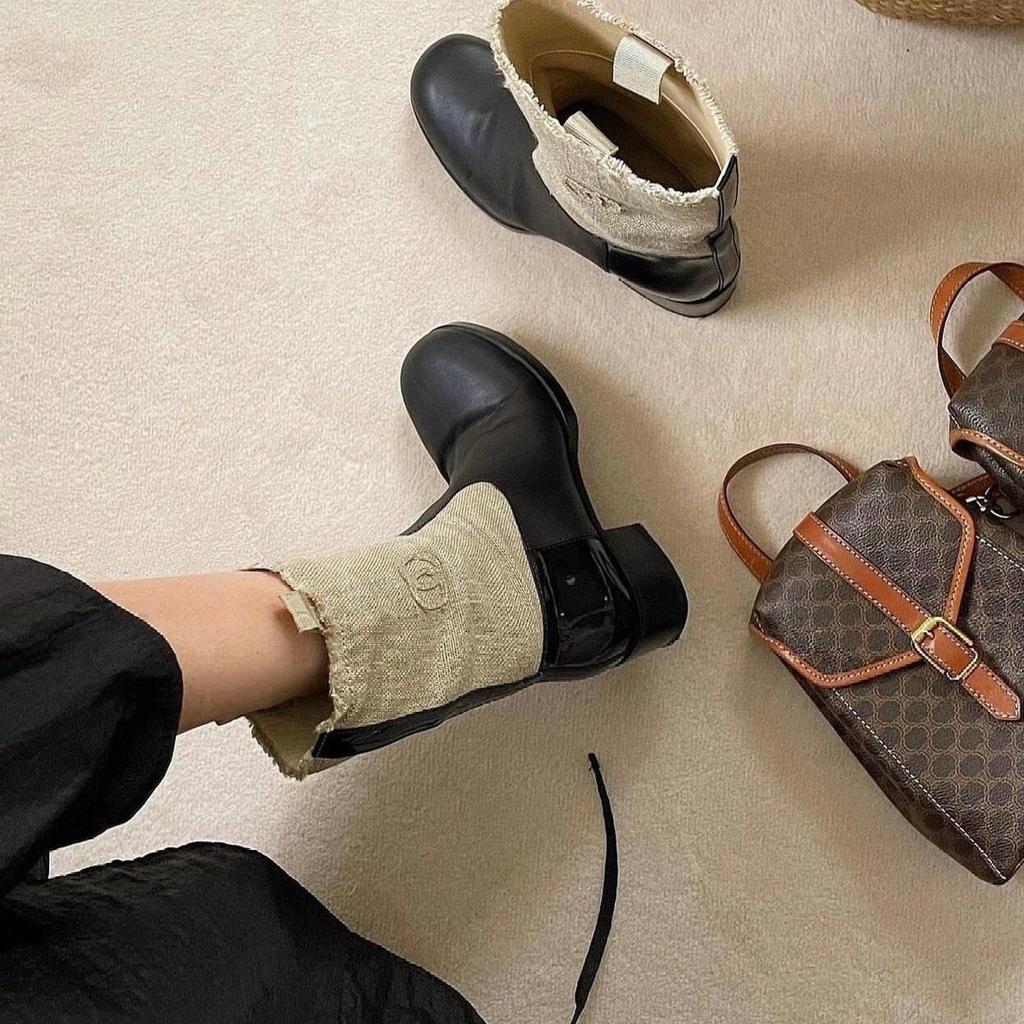 Sheepskin Version~ Xiaoxiangfeng Canvas Leather Wide Tube Martin Boots Women's Thick Heel Thick Sole Medium Tube Western Boots High Heel Short Boots