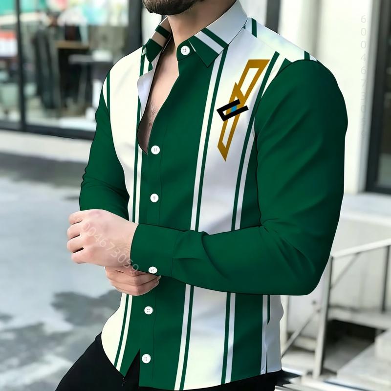 Men's Shirt with Contrasting Striped Print, Slim Fit Collar, Long Sleeved Business Casual Shirt, Available In Multiple Colors