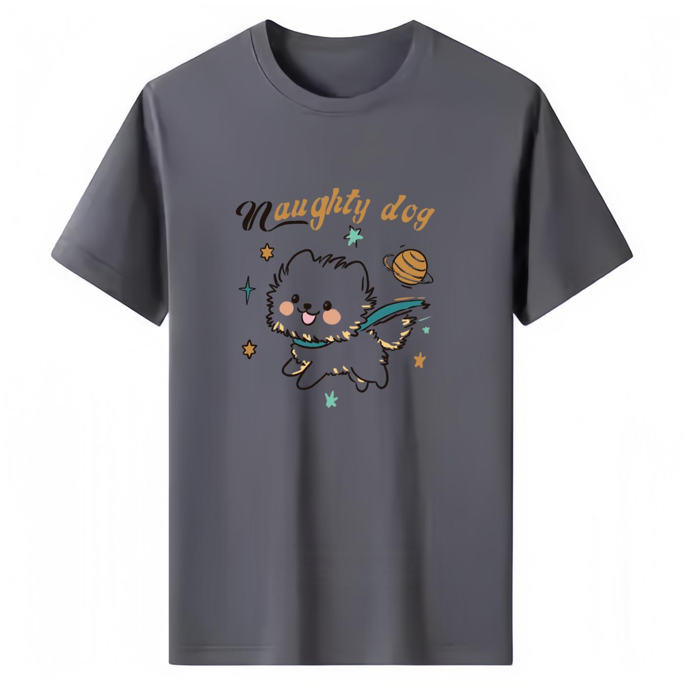 

Adult and Childrens Space Travel Little Pomeranian Shortsleeve Healing Style Pure Cotton Tshirt Versatile Couple Top S