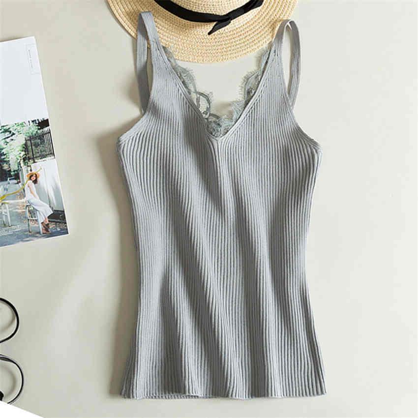 Women V-neck Lace Top Camisole Sleeveless Cotton Sexy Tanks Tops Knitted Cami Seamless Cropped Vest