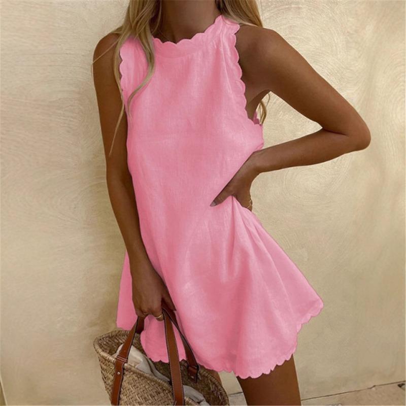 Women Round Neck Scallop Trim Sleeveless Mini Dress