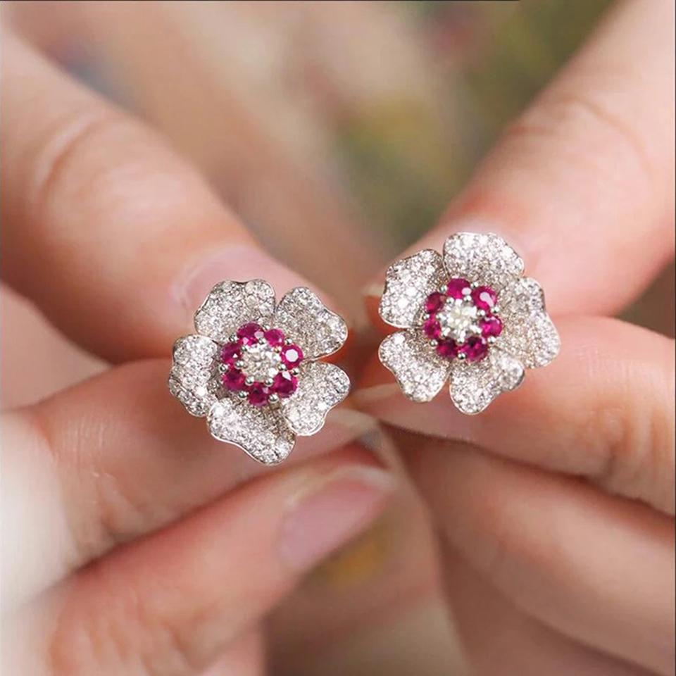ZAKOL Bling CZ Flower Stud Earrings AAA Cubic Zirconia Aesthetic Women's Ear Accessories Bright Red Earrings Trendy Zircon Gift
