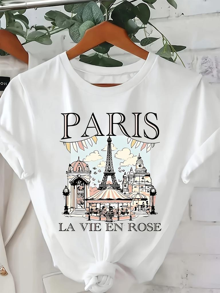 Europäische Größen Elegantes Damenhemd, Weihnachts-Paris-Print-T-Shirt, Lässiges Kurzarm-Top für Frühling und Sommer, Damenmode Rundhals-T-Shirt