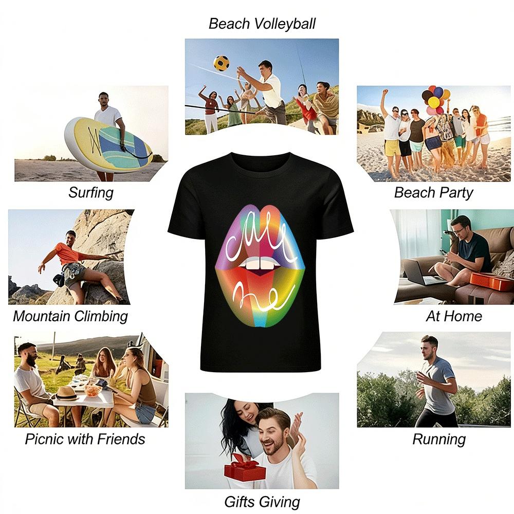 Rainbow Lips All Me Print Casual Short Sleeve T-Shirt Pure cotton T-shirt