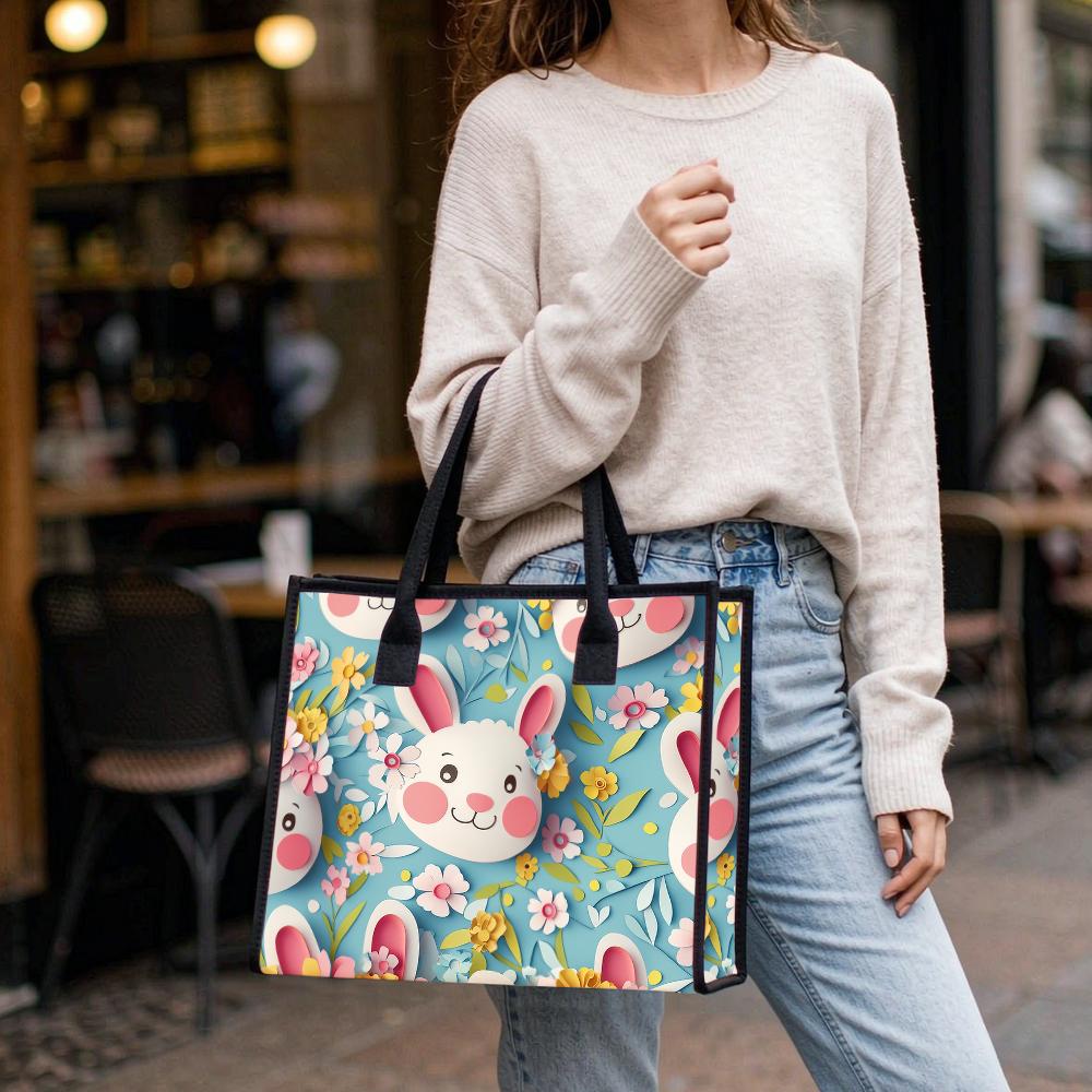 Cute Bunny Floral Tote Bag Portable Casual Handbag for Daily Use