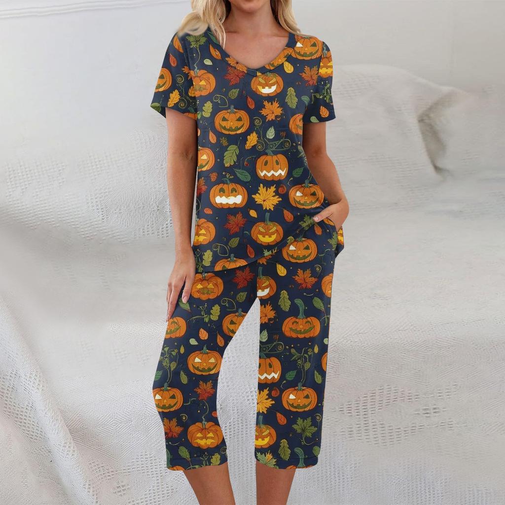 Conjuntos de 2 piezas para mujer Top de manga corta y pantalones con bolsillos Conjuntos suaves de entrenamiento con estampado de Halloween