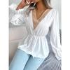 Wiosenno-jesienna damska szyfonowa koszula z długim rękawem Casual, dekolt w serek, koronkowa, sznurowana talia, wzburzona, szyfonowa koszula topy
