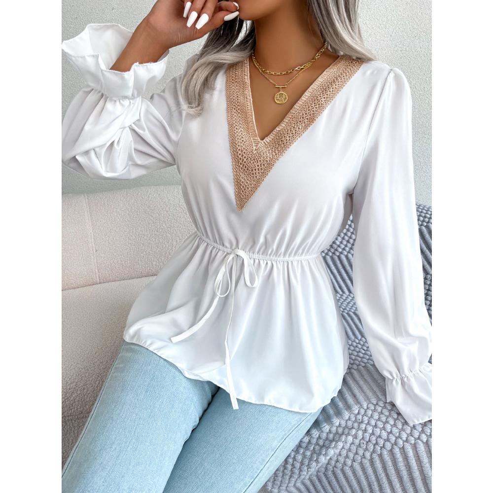 Frühling und Herbst Damen Chiffon-Hemd, langärmelig, lässig, V-Ausschnitt, Spitze, Schnürung, Taille, Rüschen, Chiffon-Hemd, Tops