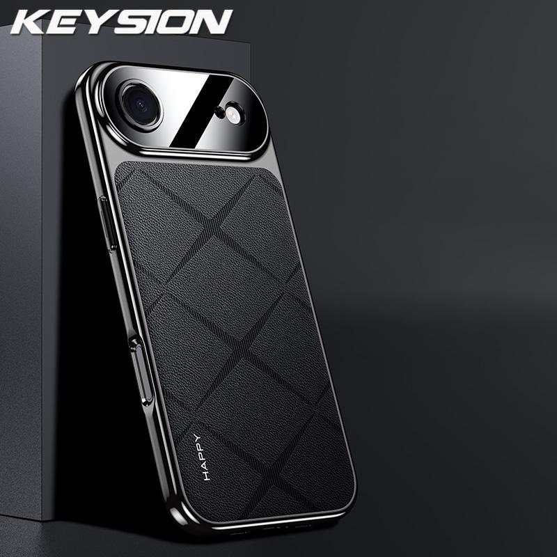 KEYSION Luxury Grid Pattern PU Leather Case for iPhone 17 Pro Max Plating TPU Camera Protection Phone Cover for iPhone 17 Air