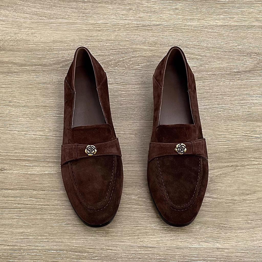 Sheepskin Version~ French Small Leather Shoes Genuine Leather Camellia Loafers Women's Round Head One Pedal Matte Medium Thick Heel Single Shoes