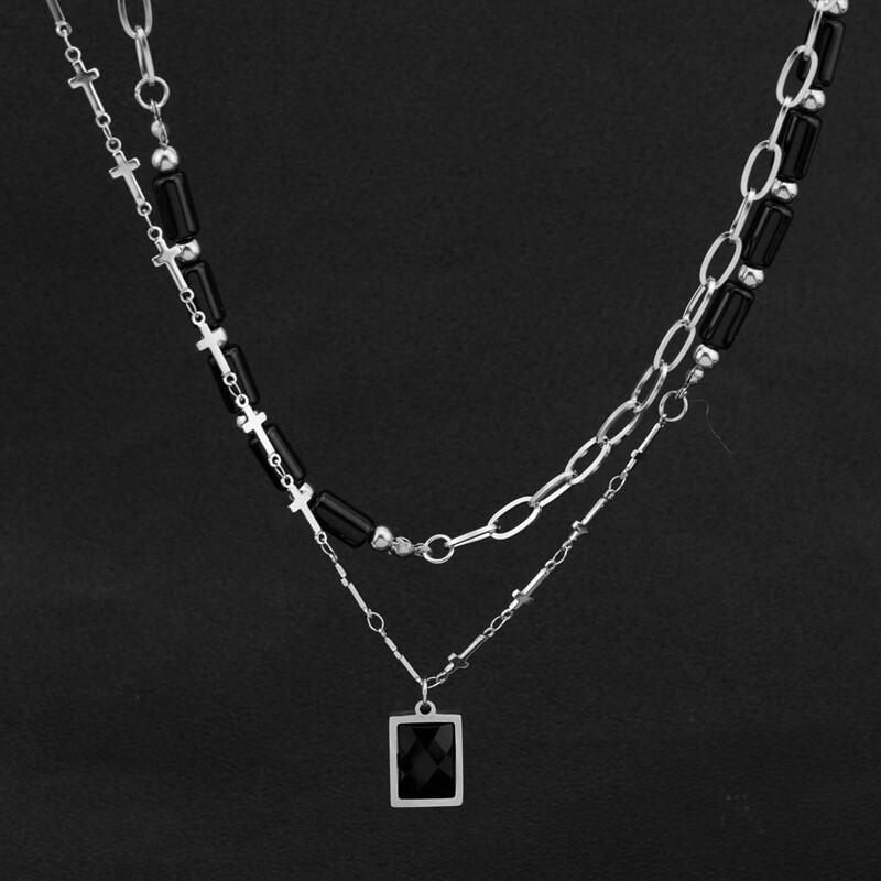 Double Layer Cross Pendant Necklace Women Titanium Steel O-Chain Geometric Minimalist Choker Statement Jewelry