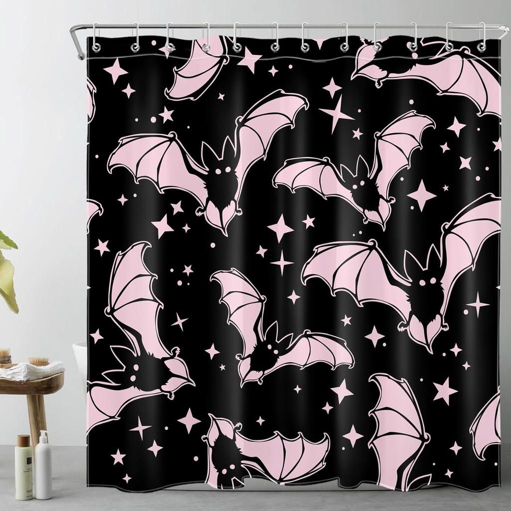 LB Spooky Halloween Shower Curtain for Bathroom, Gothic Horror Halloween Pink and Black Bats Fabric Shower Curtain with Hooks, Funny Pink Bat