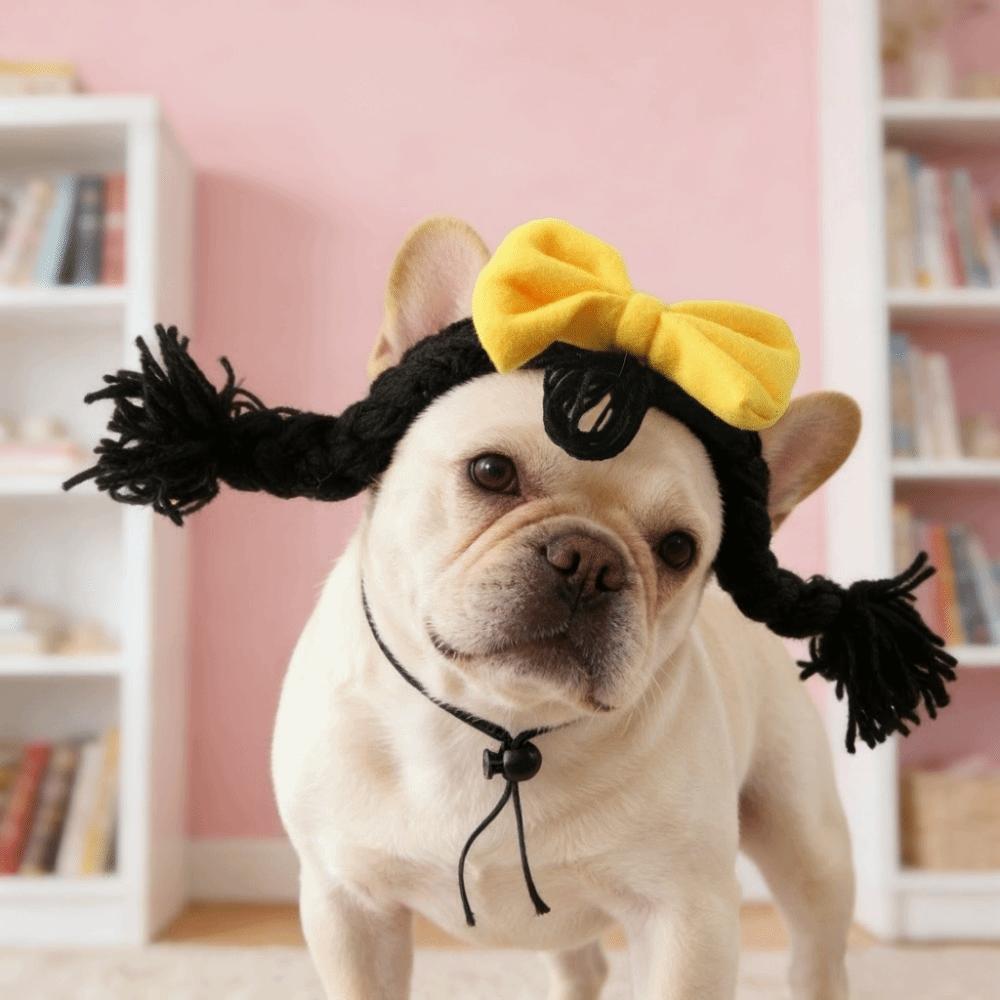 Double Braids Pet Wig Braid Bow Pet Headgear Pet Dress Up Cat Funny Headpiece  Cosplay Events
