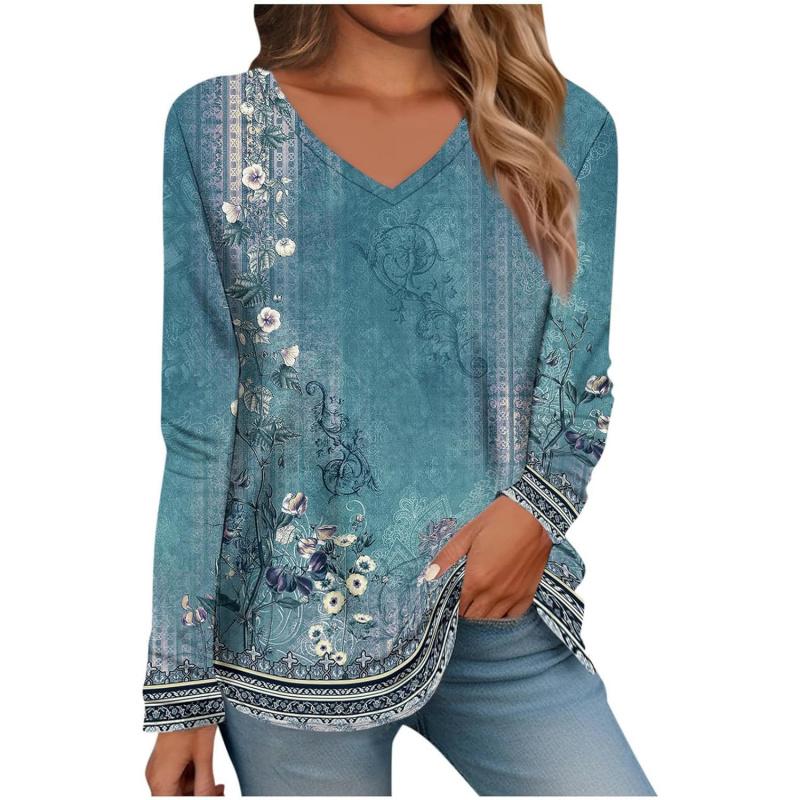 Women's V-neck Long Sleeve T-shirt with Print V-neck Top