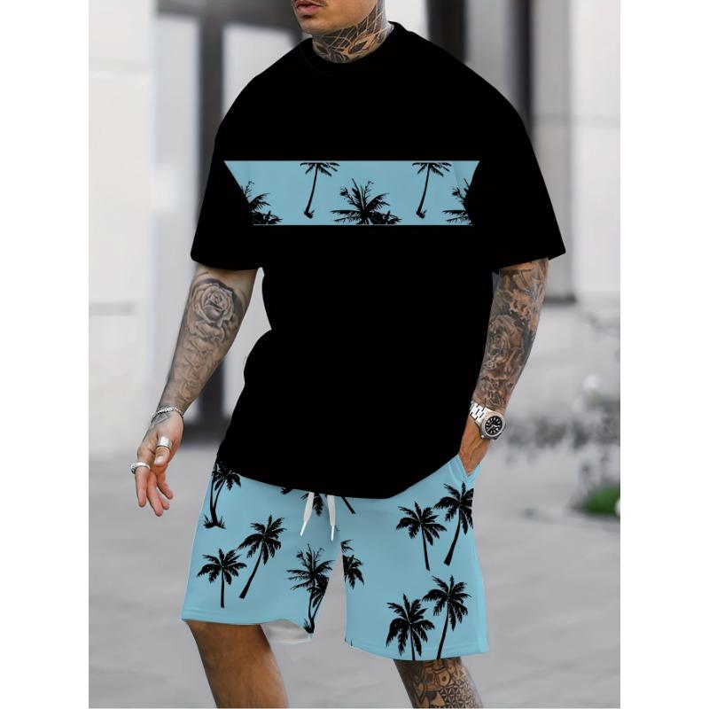 Męski casualowy dwuczęściowy zestaw: T-shirt z krótkim rękawem i okrągłym dekoltem oraz spodenki z kieszeniami i sznurkiem, z letnim wzorem w paski z drzewami kokosowymi, drukowany cyfrowo