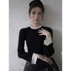 Women's Slim Black Pearl Stand Collar Knit Sweater - Small Fragrance Style, Early Autumn Layer
