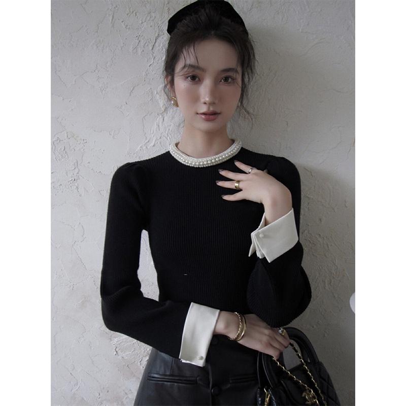 Women's Slim Black Pearl Stand Collar Knit Sweater - Small Fragrance Style, Early Autumn Layer