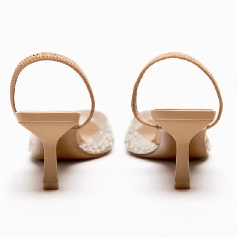 Mode Sommer Damen High Heels Sandalen Perlenverzierung Slingback Spitze Elegant Party Hochzeit Braut Damenschuhe