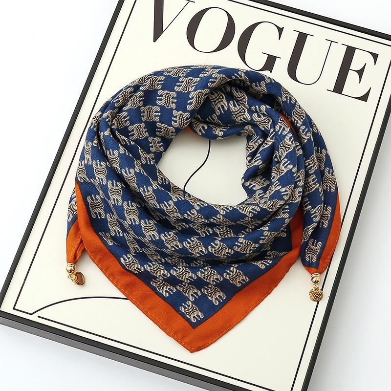 Women's 65" Silk Square Scarf with Magnetic Buckle – Autumn/Winter Print, Fashionable & Versatile Triangle Snood