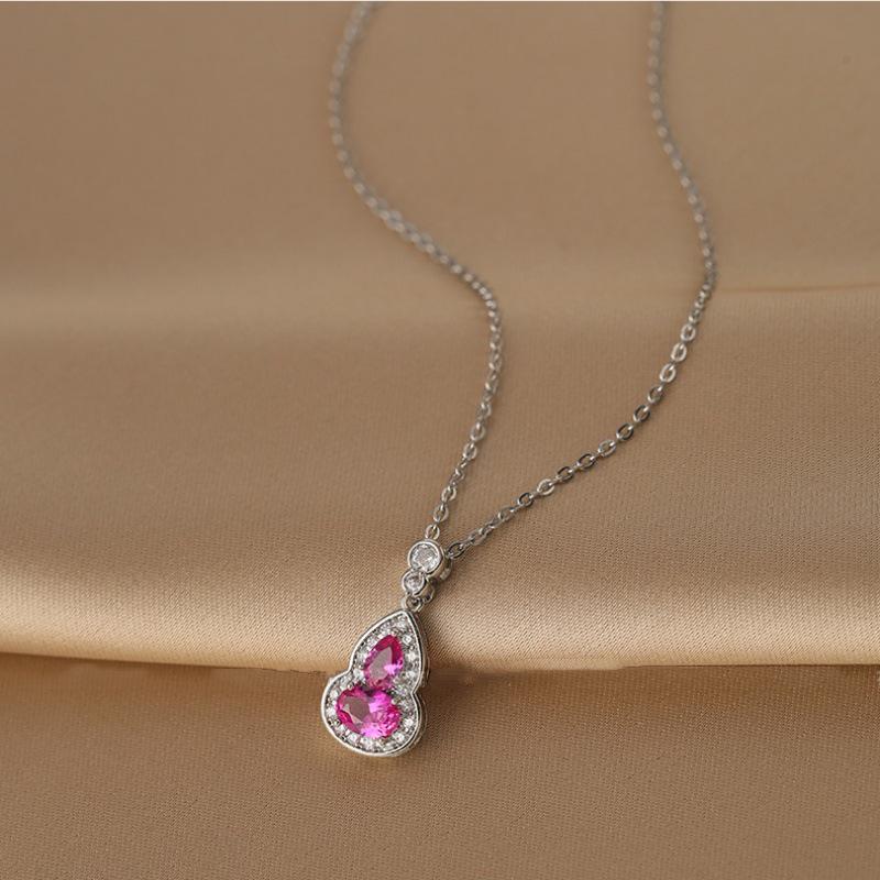 Rhinestone Rose Red Gourd Necklace: Fortune & Prosperity Pendant On Thin Clavicle Chain - Elegant National Style Jewelry for Women
