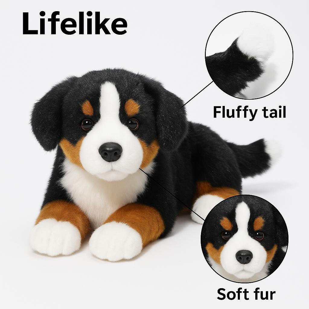 13-Zoll Berner Sennenhund Plüschtier - Super Realistische Simulationshundepuppe Weiches und Niedliches Haustierkissen Kindergeschenk Geburtstag C