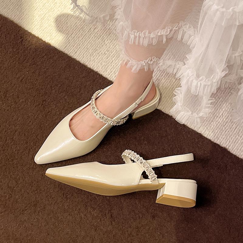 Baotou Rhinestone Word with Sandals Women's Thick Low Heel New Pointed Empty Single Shoes Mary Jane Sandals