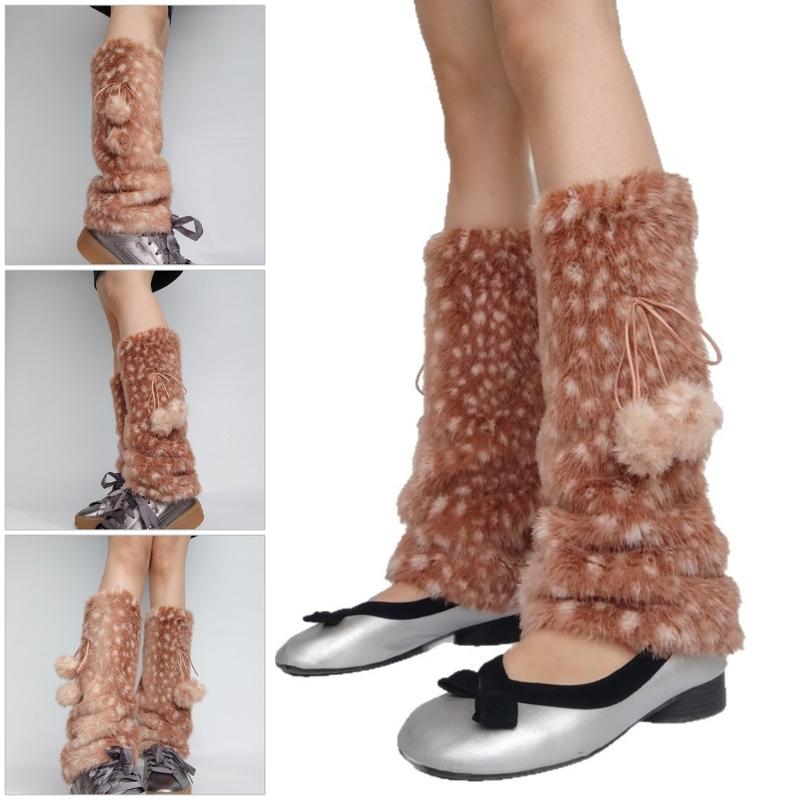 Winter Deer Pattern Leg Warmers Soft Plush Fabric Elastic Comfort Leg Covers Footless Socks For Home Office Activity