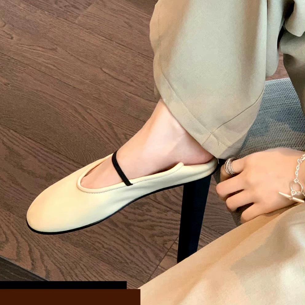 Soft summer new round head one-word flat-soled small leather shoes women's leather comfortable soft-soled single shoes