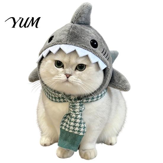 Funny Halloween Cat Apparel Shark Hood Hat, Winter Plush Warm Headgear, Cozy Cute Christmas Pet Dressing Supplies Hat Accessory for Cats Small