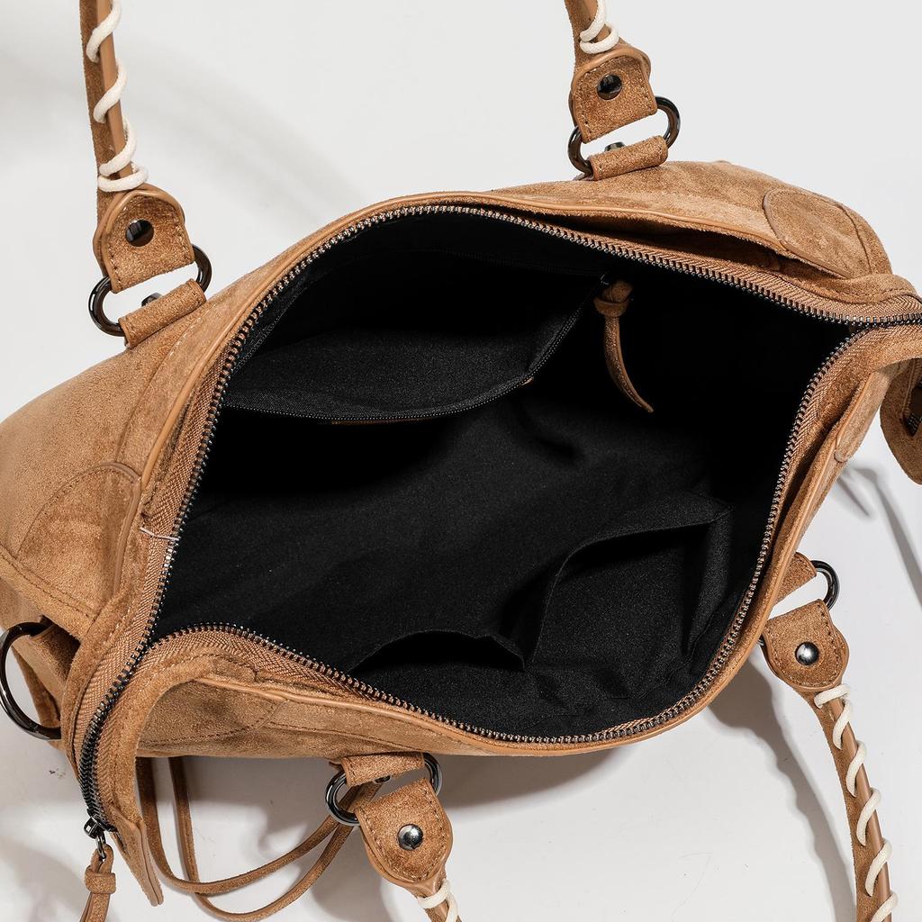 2026 Retro Distressed Suede Motorcycle Crossbody Bag with Rivets - Large Capacity & Soft Texture