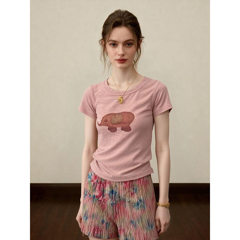 [Spot] Pink baby elephant printed short-sleeved T-shirt women's summer sweet wind slim and thin small top