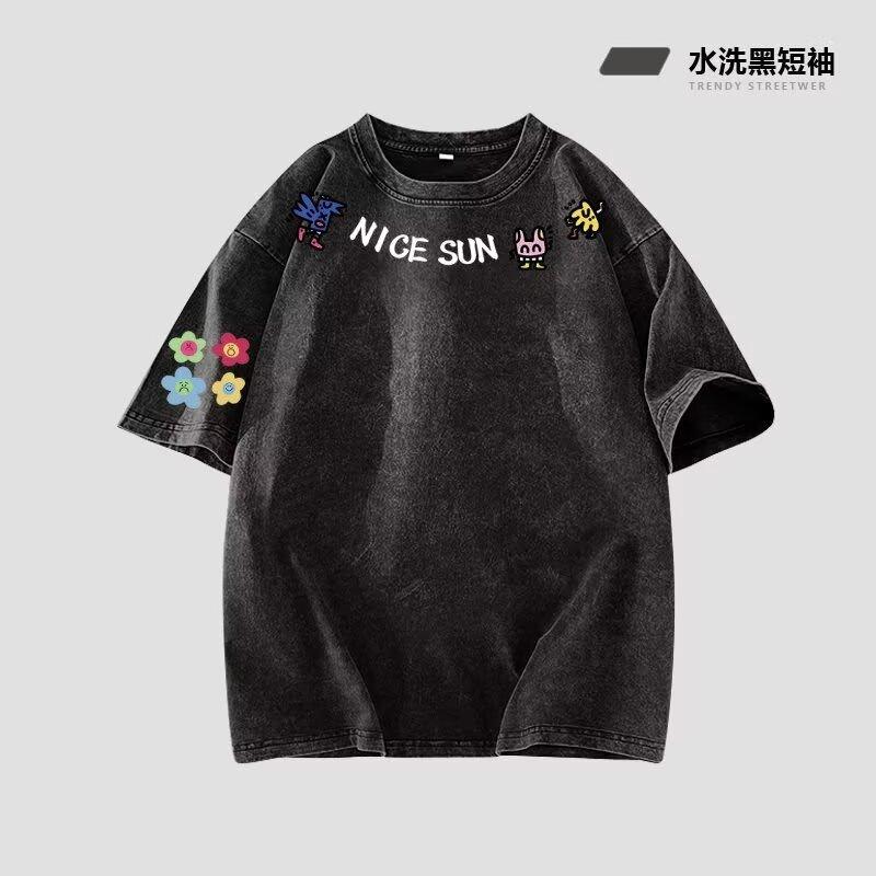 

American Hipster Cartoon Print Casual Short-Sleeved T-Shirt Boys Summer Niche Loose Top Ins 5XL серый