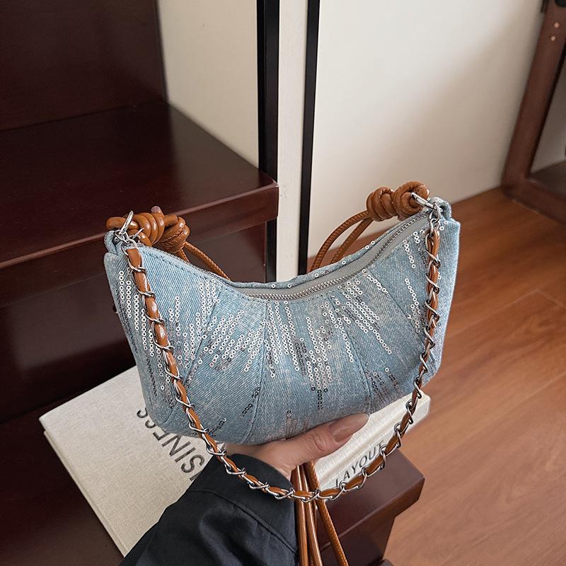 Denim Bag Female Popular New Trendy Fashion Simple Armpit Bag Chain Sequined Portable Shoulder Bag